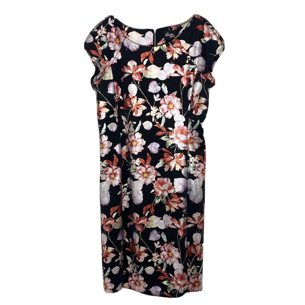 Beige by Eci Black Metallic Pink Floral Cap Sleeve Knee Length Dress Sz 10 O6
